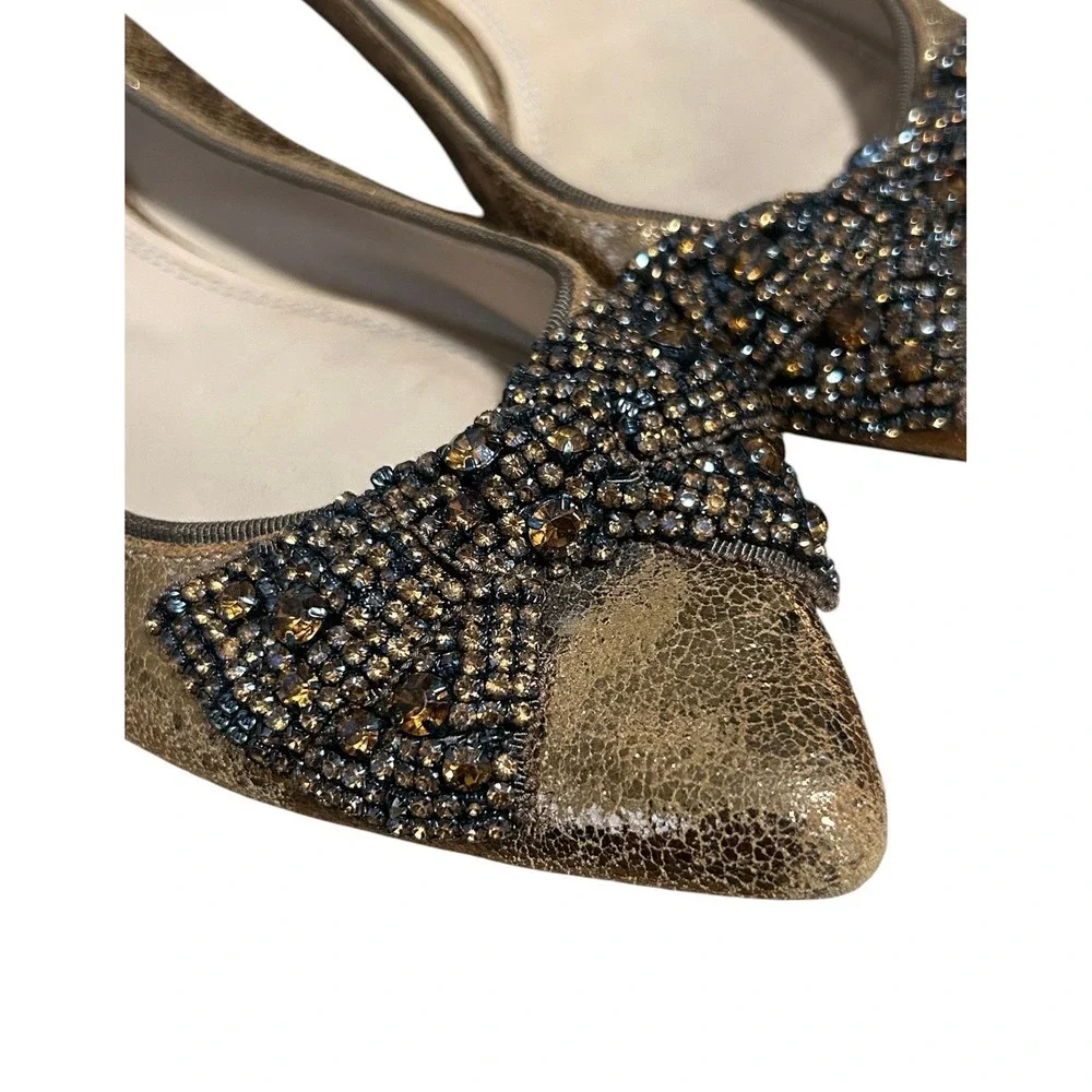 Tory Burch Azalea Jeweled Bow Flats Metallic Gold Women's Size 10.5 Luxury
